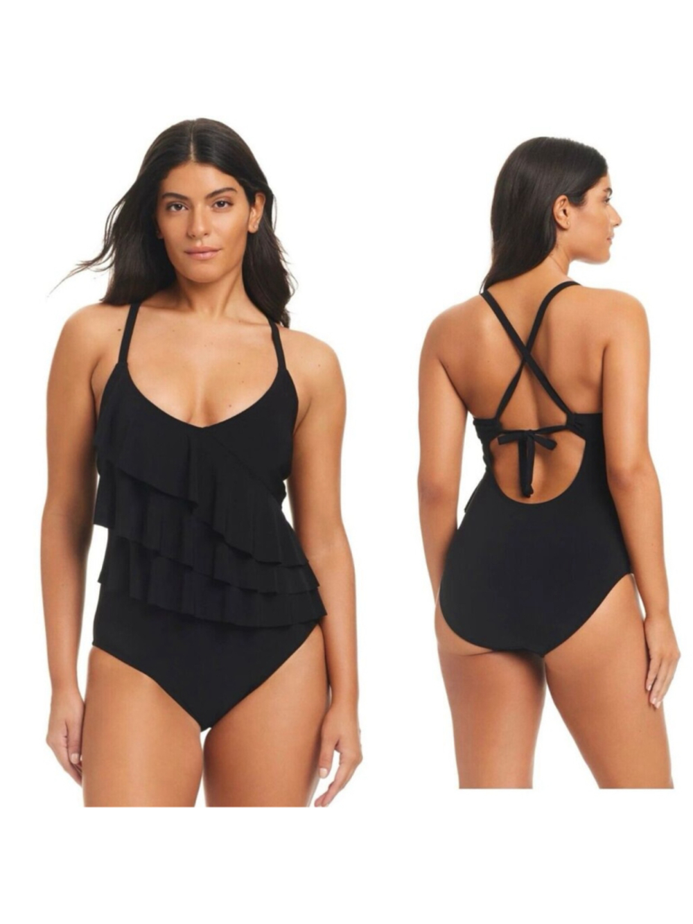 Beyond Control Swimwear Ruffle Black Solid One Piece Swimsuit NWOT 16 $139